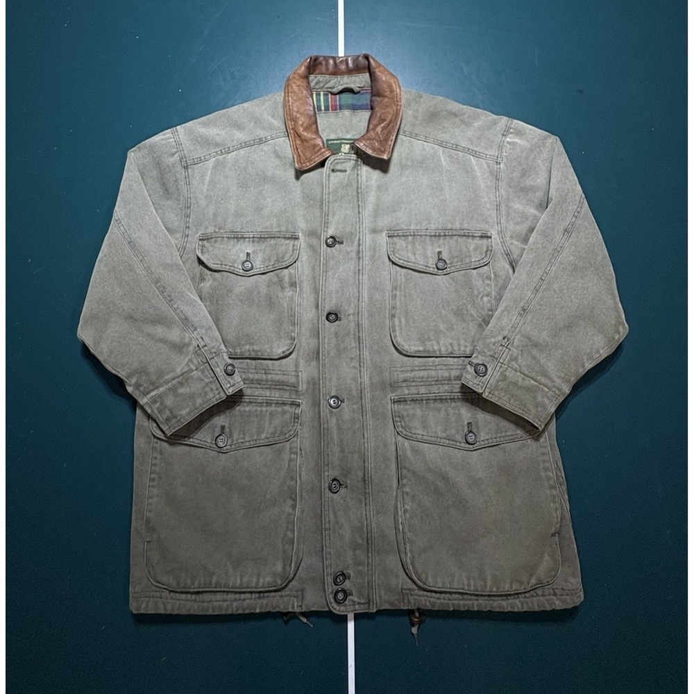 Vintage Orvis Flannel Lined Barn Coat‎ Jacket Leather Collar Olive Green Men's L